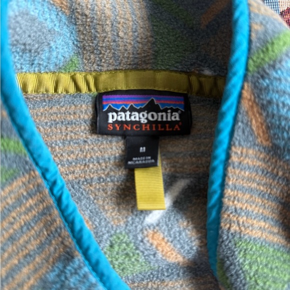 Patagonia Mens Green Synchilla T Snap Pullover Fleece Striped Tribal Aztec - Picture 2 of 3